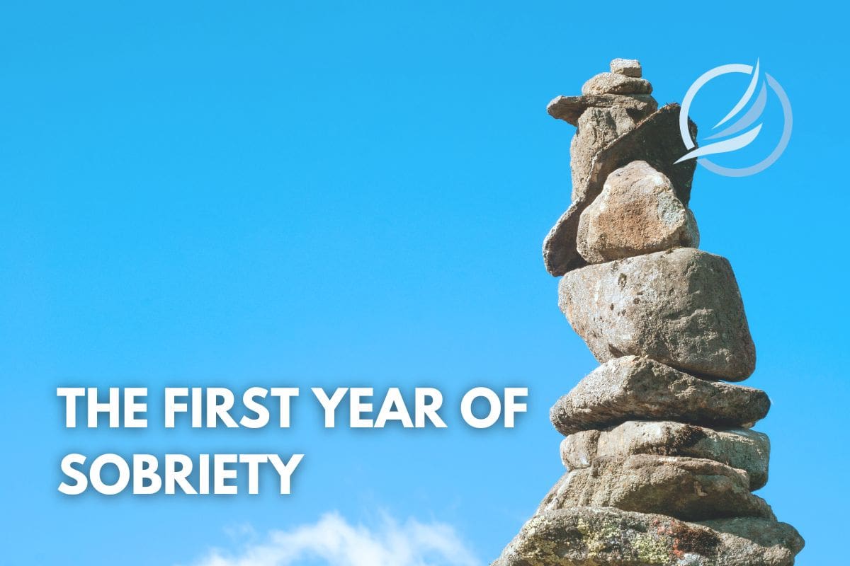 an image of balanced rocks stacked on top of each other depicting balance in a new life as our guide unveils what the first year of sobriety is like.